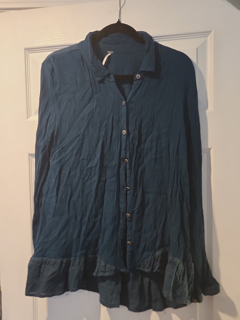 Free People Teal Button-Down Ruffle-Hem Shirt